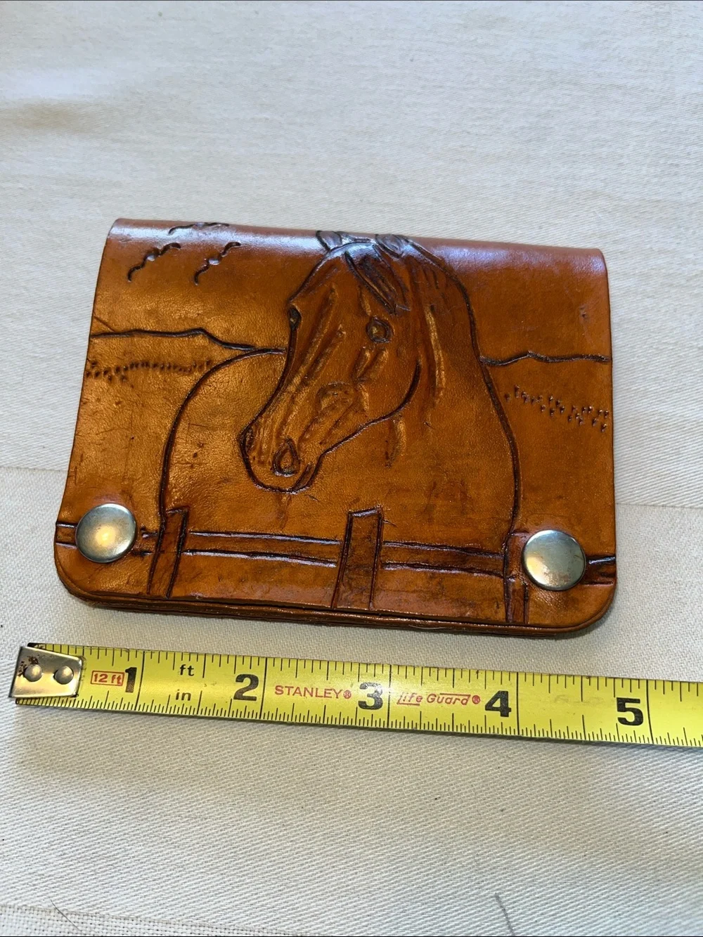 Vintage Hand-Tooled Leather Cardholder-Wallet Western Theme Profile Of A Horse